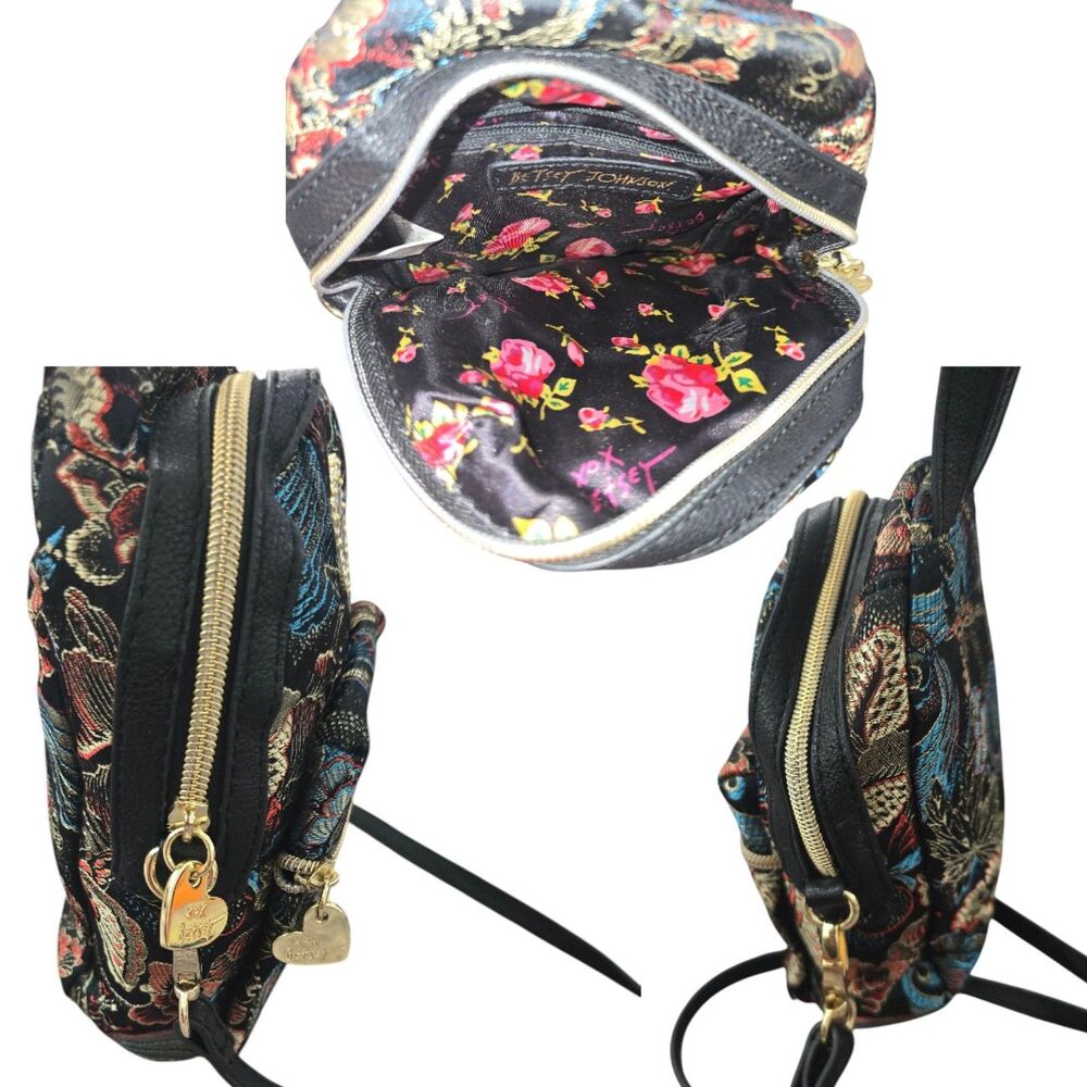 Betsey Johnson Mini Backpack Floral Brocade Purse - NWOT Black Metallic - Picture 3 of 8